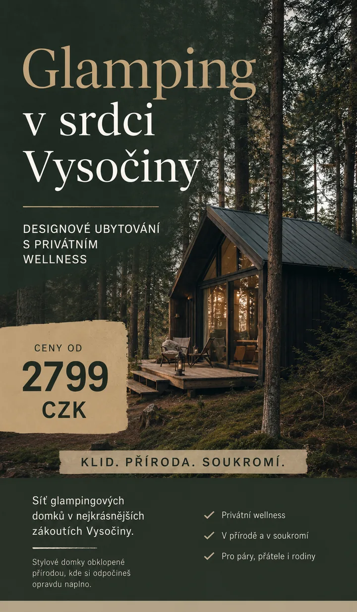Рекламний креатив: глемпінг-будиночок у лісі Височини, ціна від 2799 крон